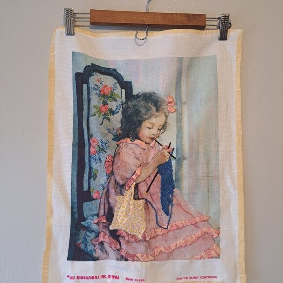 Vintage Tapestry Embroidered Girl Knitting mAde in Usa 19IN x 15IN - Picture 2 of 10